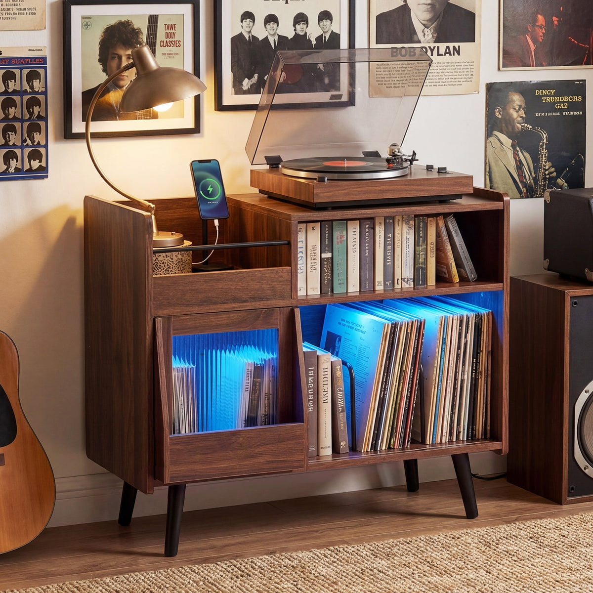Record Player Stand with LED Light and Power Outlets Large Turntable Stand with Sliding Door-Brown