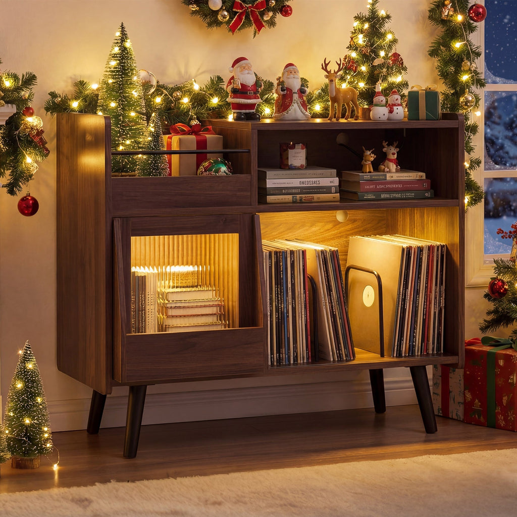 Record Player Stand with LED Light and Power Outlets Large Turntable Stand with Sliding Door-Brown