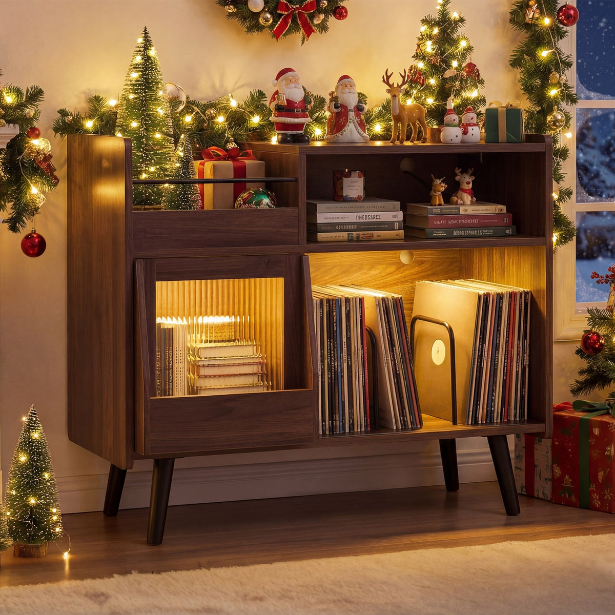 Record Player Stand with LED Light and Power Outlets Large Turntable Stand with Sliding Door-Brown