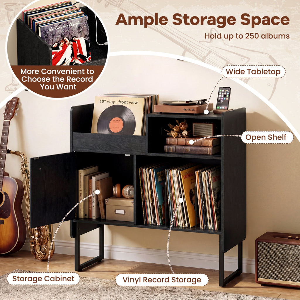 Record Player Stand with Power Outlets and Vinyl Storage Holder up to 250 Albums