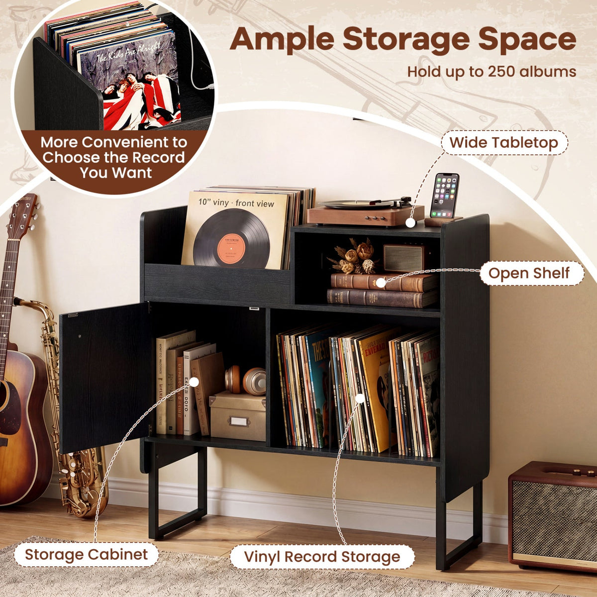 Record Player Stand with Power Outlets and Vinyl Storage Holder up to 250 Albums